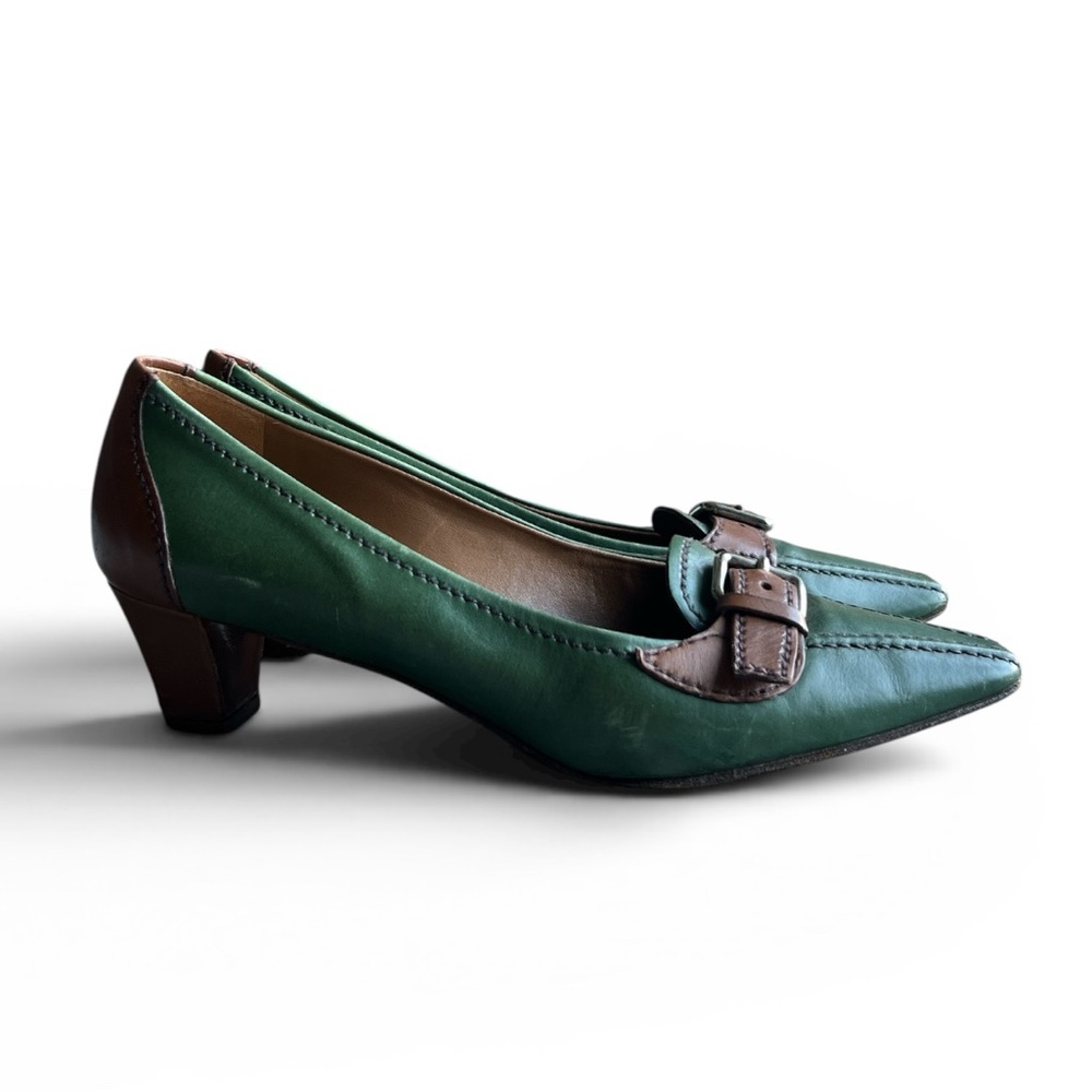 Prada Green Pointed-Toe Buckled leather Pumps with Brown Trim Sz 37.5 - Picture 1 of 8